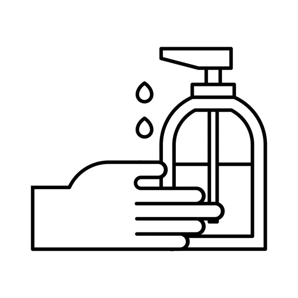 Hand med antibakteriell tvål flaska linje ikon — Stock vektor