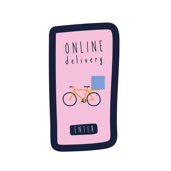 Onflat delivery lettering campaign with bicycle in smartphone flat style — Stock Vector