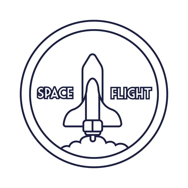 Utrymme cirkulär emblem med rymdskepp flygande linje stil — Stock vektor