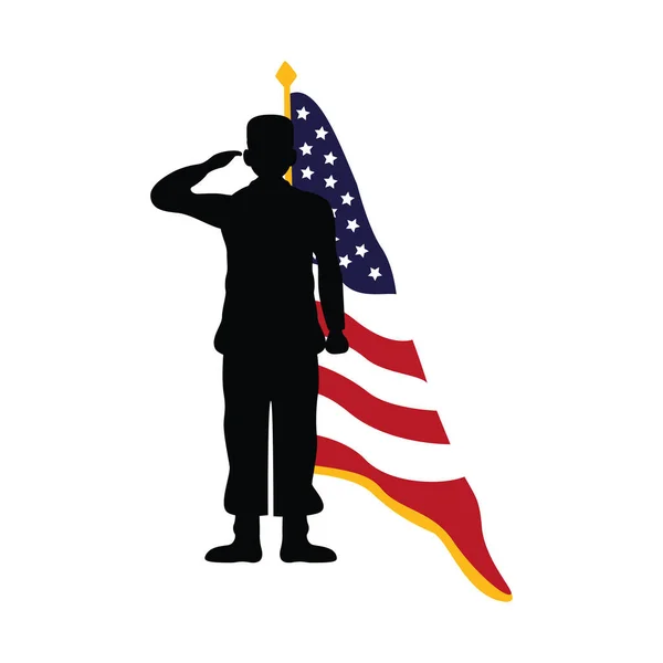 Offizier militärische Silhouette mit US-Flagge in der Stange — Stockvektor