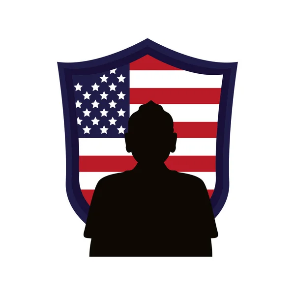 Figura de silueta de soldado con bandera de EE.UU. en escudo — Vector de stock