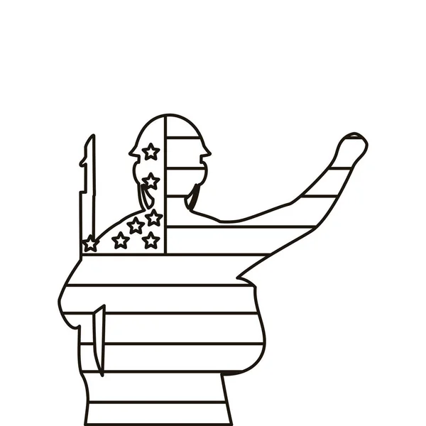 Soldat avec fusil et drapeau américain silhouette style ligne icône — Image vectorielle