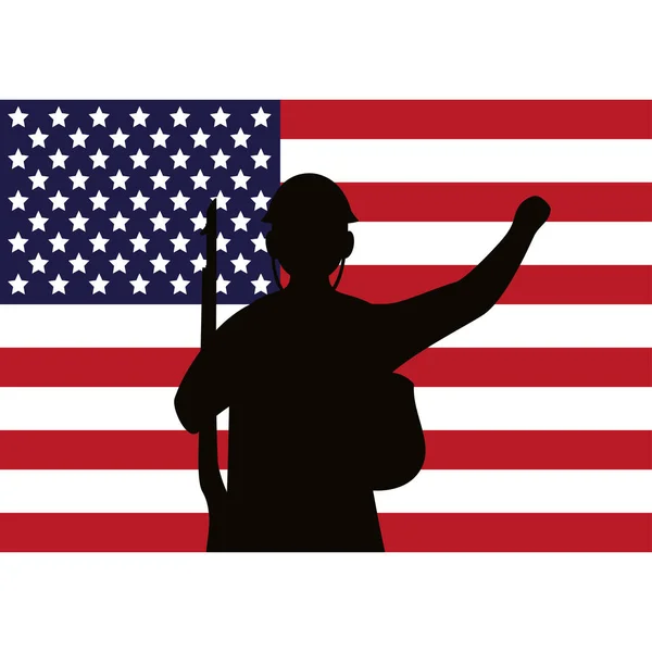 Soldat avec silhouette de fusil et drapeau des Etats-Unis — Image vectorielle