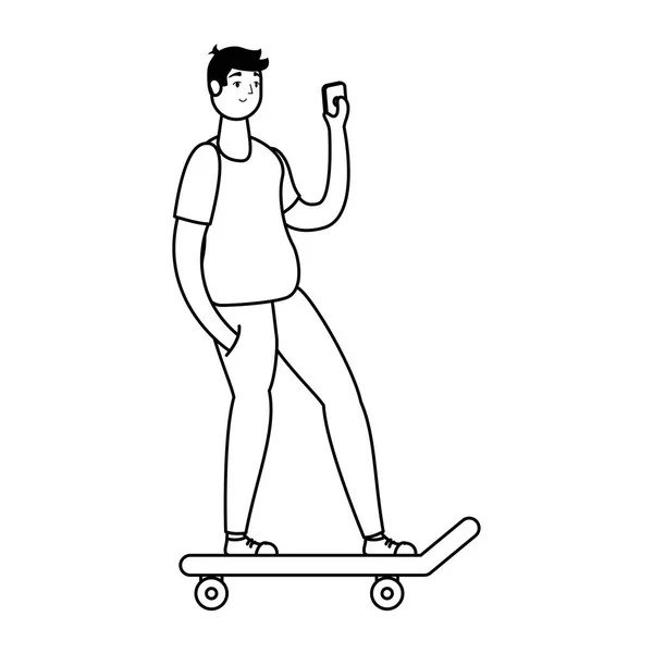 Mladý muž ve skateboardu pomocí smartphone line stylu — Stockový vektor