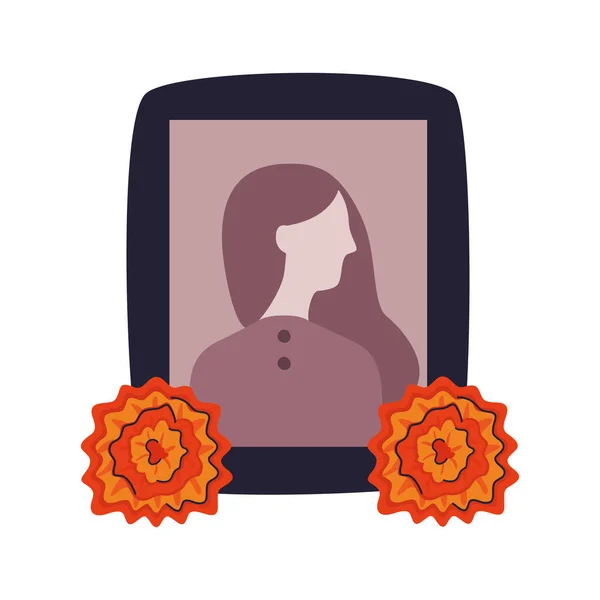 Día mexicano de los muertos altar con fotografía de mujer — Vector de stock