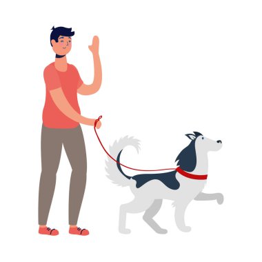 Genç bir adam köpekle yürüyüşe çıkıp pratik yapıyor.