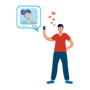 Genç adam romantik sohbet için akıllı telefon kullanıyor.