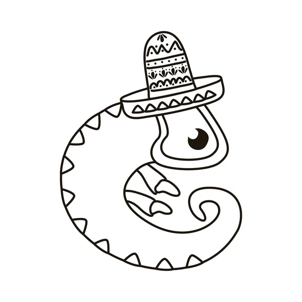 Iguana con sombrero mexicano línea de cultura estilo — Archivo Imágenes Vectoriales