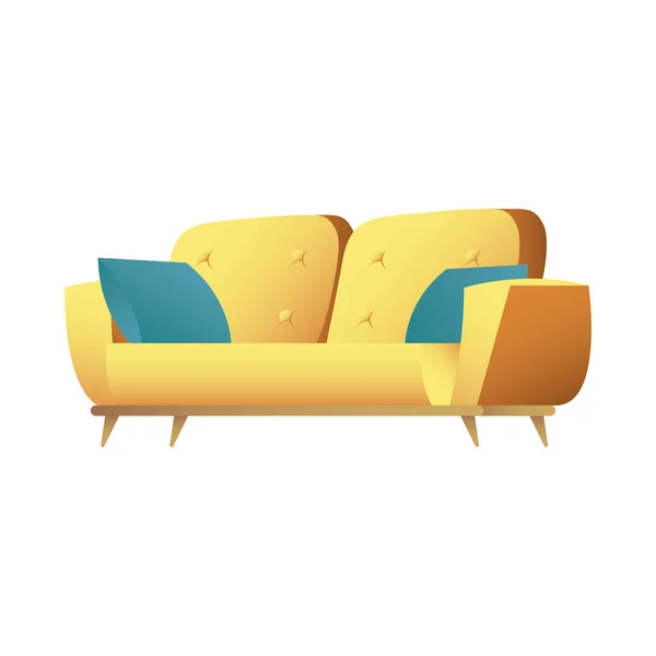 Sofá amarillo doble con cojines casa de muebles — Vector de stock