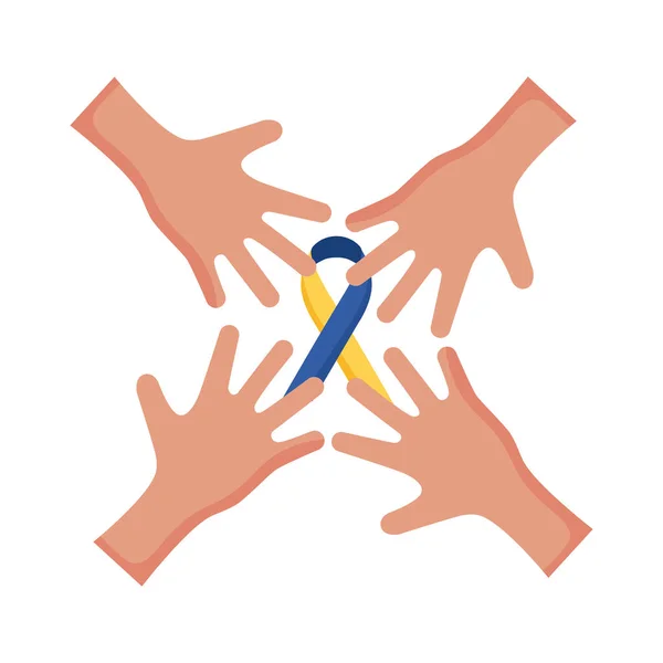 Hands team with down syndrome campaign ribbon flat style icon — Stockový vektor