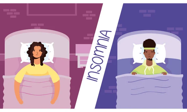 Interracial couple suffering from insomnia characters — Stock Vector