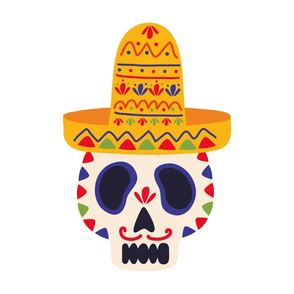 Dia de los muertos skalle målad i mexikansk hatt — Stock vektor
