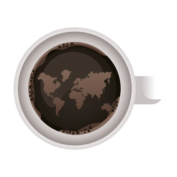 Taza de café bebida con mapa del mundo icono de vista aérea — Vector de stock