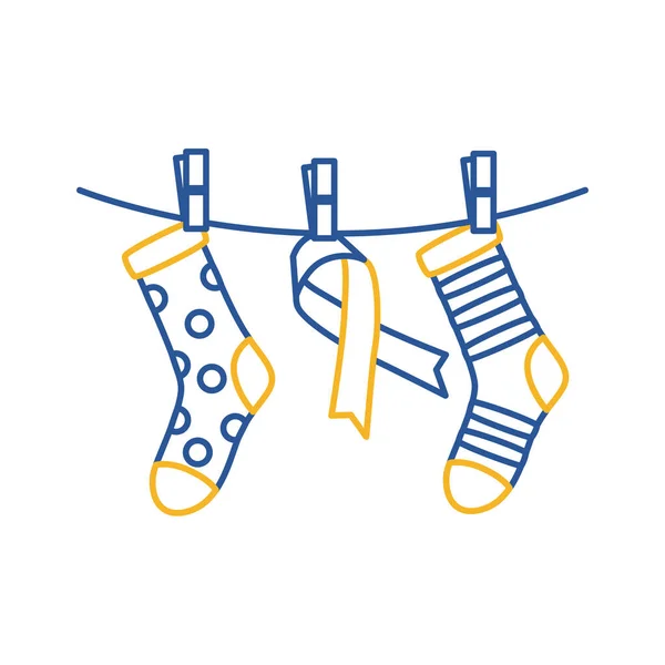 Лента кампании против синдрома Дауна висит с иконой линии носков — стоковый вектор