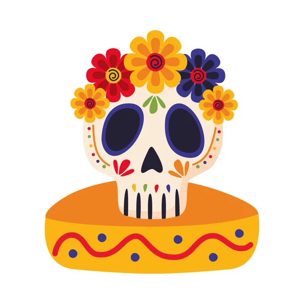 Dia de los muertos lebka malované s květinou v mexickém klobouku — Stockový vektor