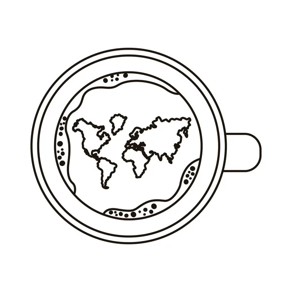 咖啡杯饮料与世界地图海景线风格图标 — 图库矢量图片