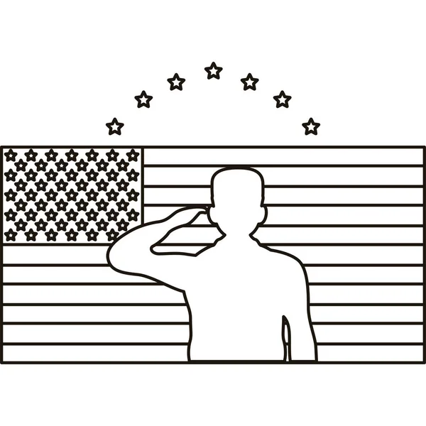 ABD bayrağında subay askeri silueti ve yıldız çizgisi tarzı simge — Stok Vektör