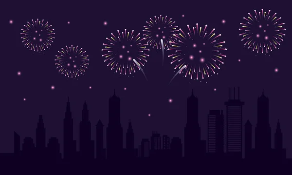Fireworks splash lights in sky night of city — Stock Vector