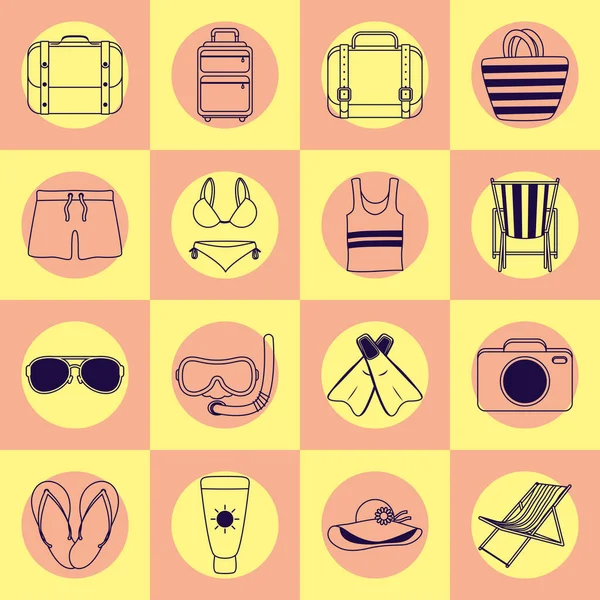 Paquet de vacances d'été style ligne ensemble icônes — Image vectorielle