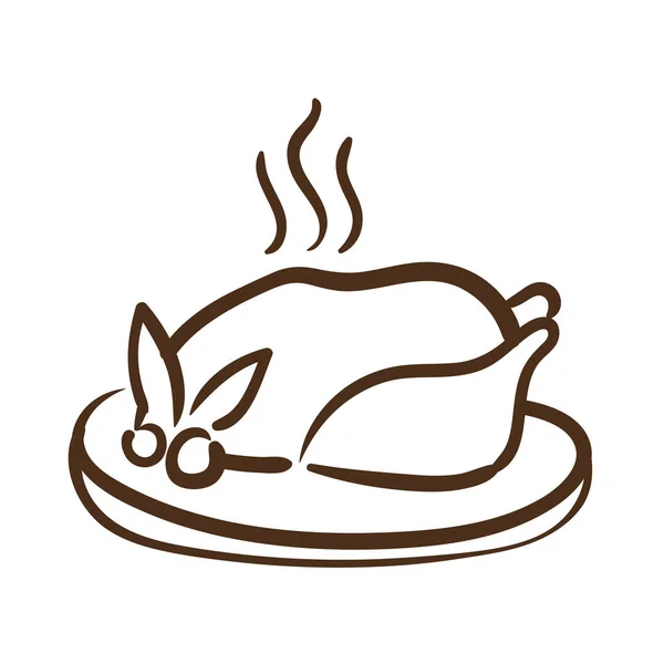 Plato con delicioso pavo acción de gracias comida línea estilo icono — Vector de stock