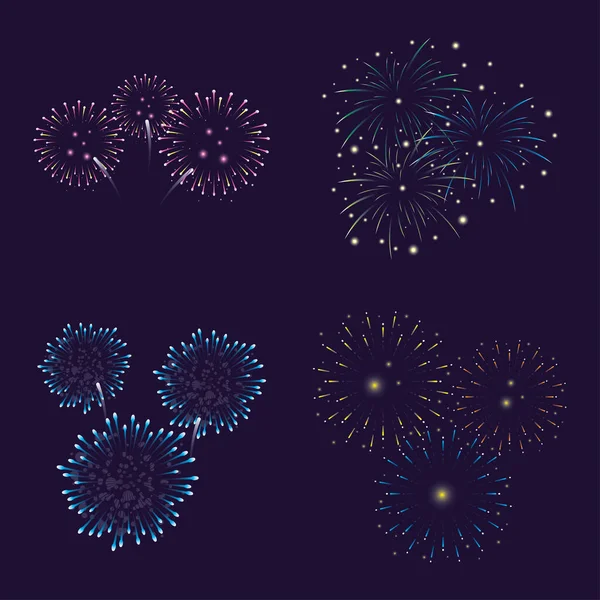 Quatre feux d'artifice bleu et rose éclaboussent la nuit dans le ciel — Image vectorielle