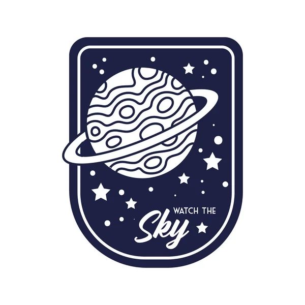 Space badge with saturn planet and watch the sky lettering line style — Stock Vector