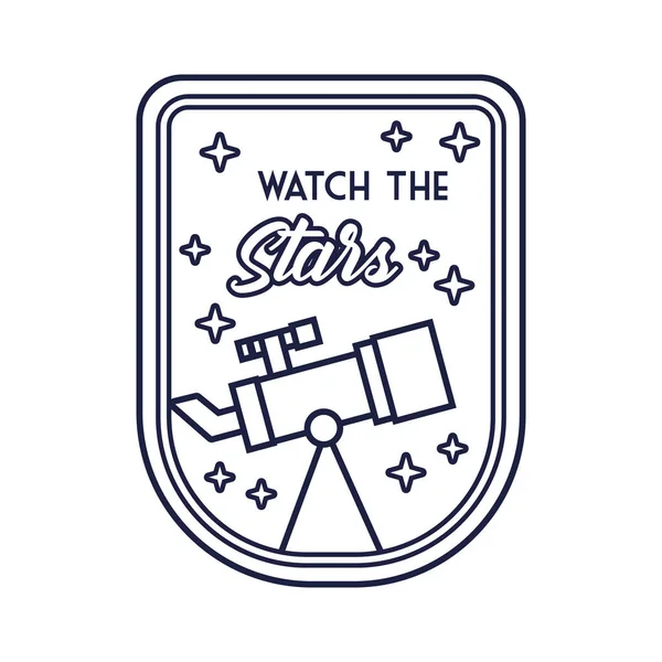 Space badge with telescope and watch the stars line style — Stock Vector