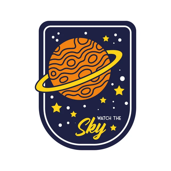 Badge spatial avec planète saturée et regarder la ligne de lettrage du ciel et le style de remplissage — Image vectorielle