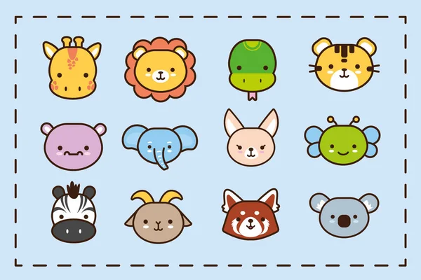 Bundle of twelve kawaii animals line and fill style — Stock Vector