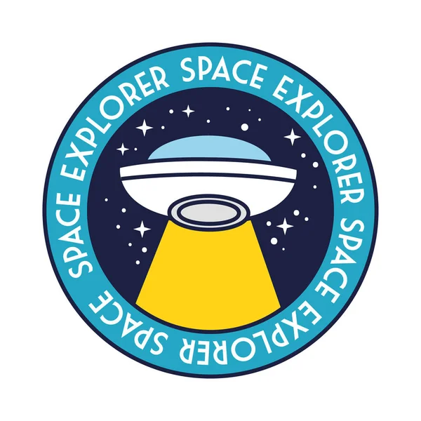 空间徽章与ufo飞行和空间探险家字母线和填充风格 — 图库矢量图片