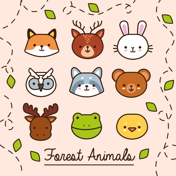 Feixe de animais kawaii com folhas de linha de planta e estilo de preenchimento — Vetor de Stock