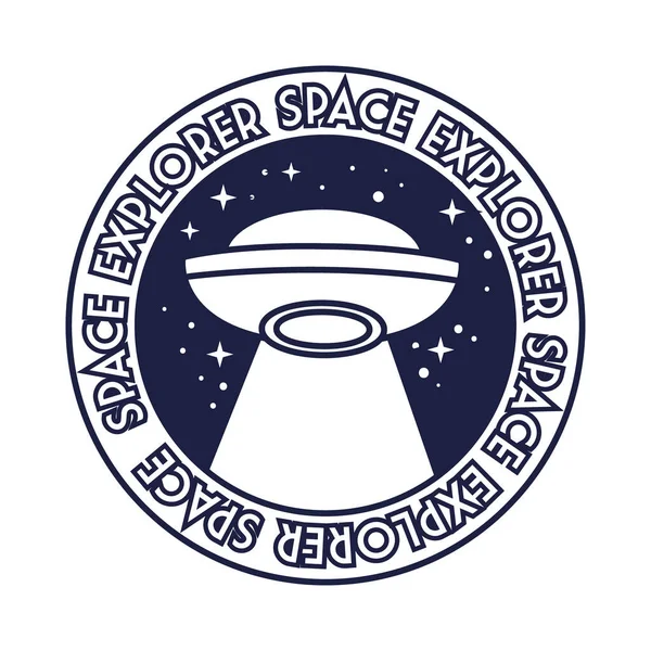 Badge spatial avec style de ligne de lettrage ufo flying et space explorer — Image vectorielle