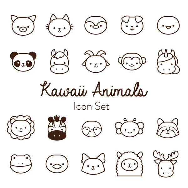 Paquete de veinte animales kawaii estilo de línea — Vector de stock