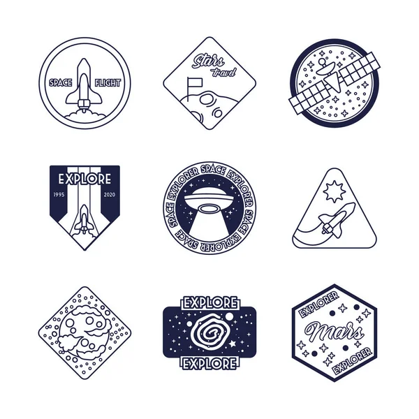 Pacote de nove emblemas de espaço ícones de estilo de linha —  Vetores de Stock