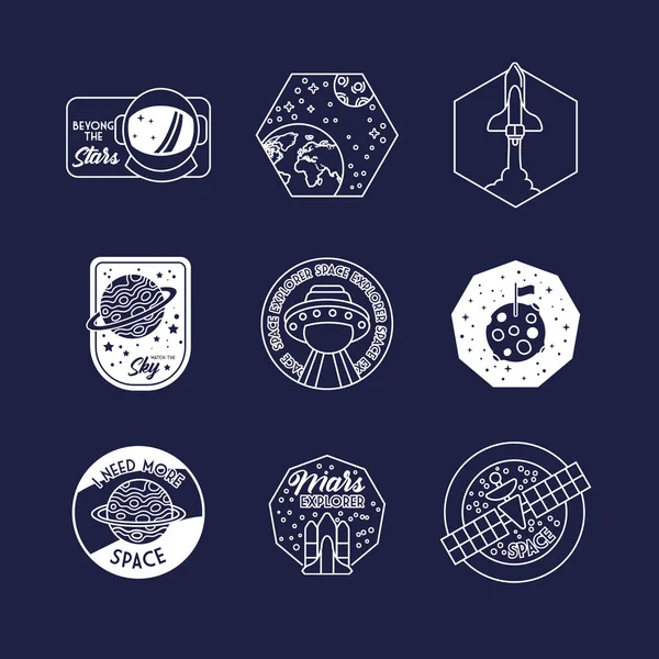 Bundle of nine space badges in blue background line style icons — Stock Vector