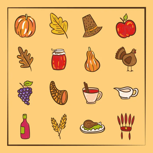 Bundle of sixteen thanksgiving day set icons — Stock Vector