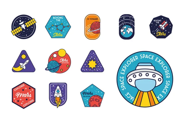 Bundle of twelve space badges line and fill style icons — Stock Vector