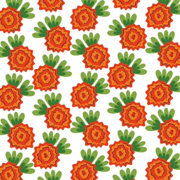 Hermoso naranja flores jardín y hojas patrón fondo — Vector de stock