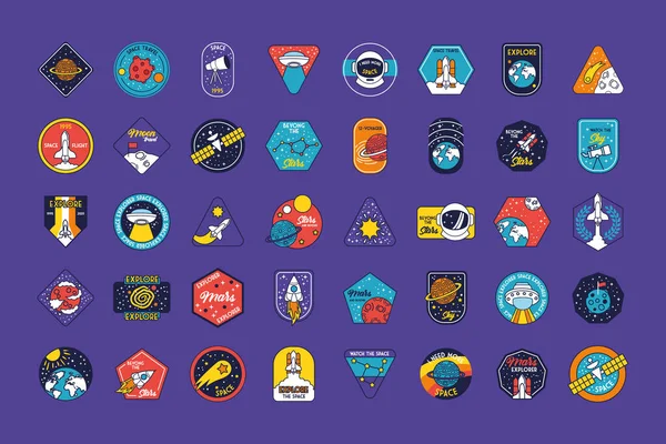 Paquete de cuarenta insignias espacio línea y llenar iconos de estilo — Archivo Imágenes Vectoriales