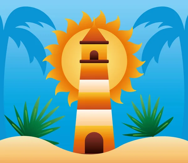 Hello summer season with lighthouse on the beach — Stock Vector