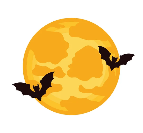 Halloween vleermuizen vliegen met volle maan — Stockvector