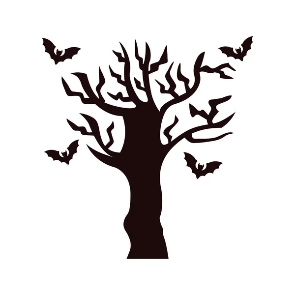 Halloween morcegos voando com árvore cena — Vetor de Stock