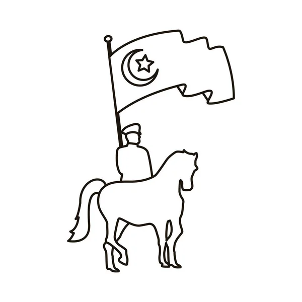 Γαλοπούλα στρατιώτης σε άλογο με σημαία χώρα πατριωτική γραμμή στυλ εικονίδιο — Διανυσματικό Αρχείο