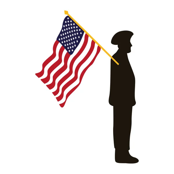 Silhouette d'officier militaire avec drapeau américain agitant — Image vectorielle