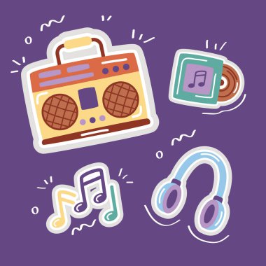 Çıkartma paketi mor arkaplanda simgeler ayarladı