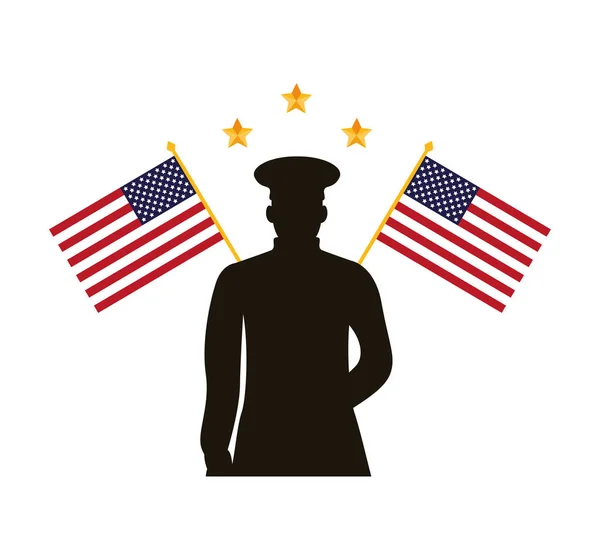 Military officer silhouette with usa flags — Stock Vector