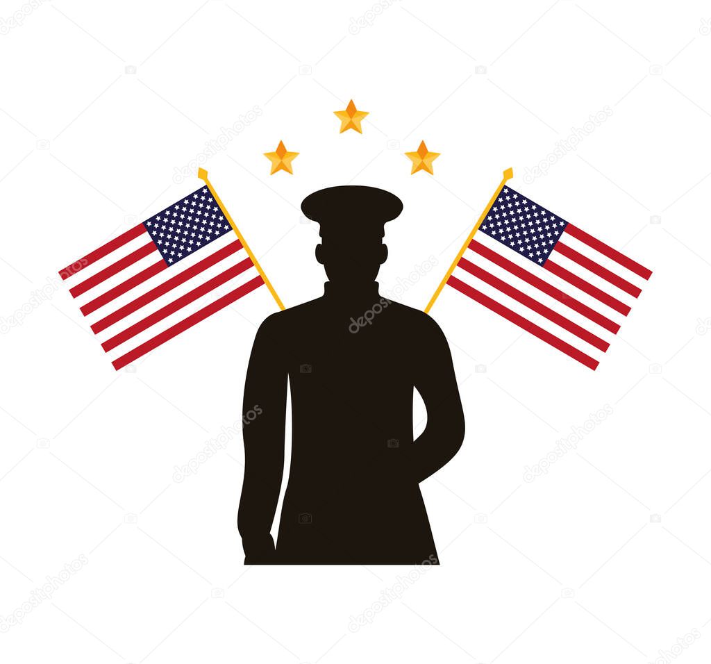 military officer silhouette with usa flags