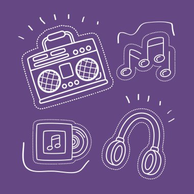 Çıkartma paketi mor arkaplanda simgeler ayarladı