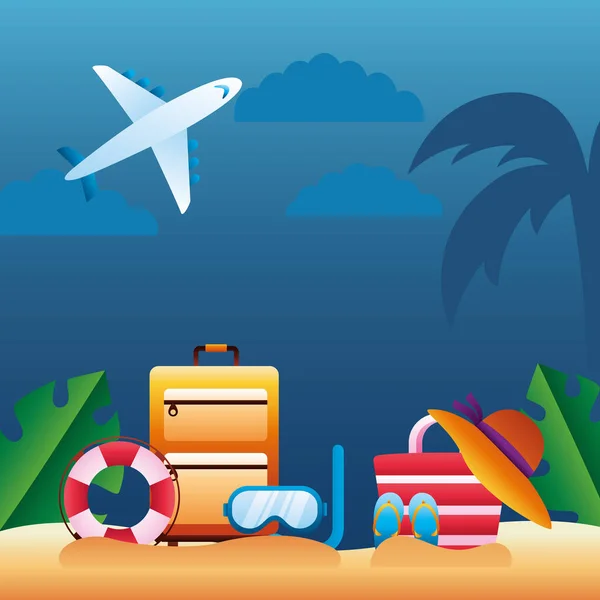 Olá temporada de verão com avião voando e acessórios na praia — Vetor de Stock