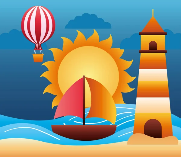 Hallo Sommersaison mit Leuchtturm und Segelboot am Strand — Stockvektor